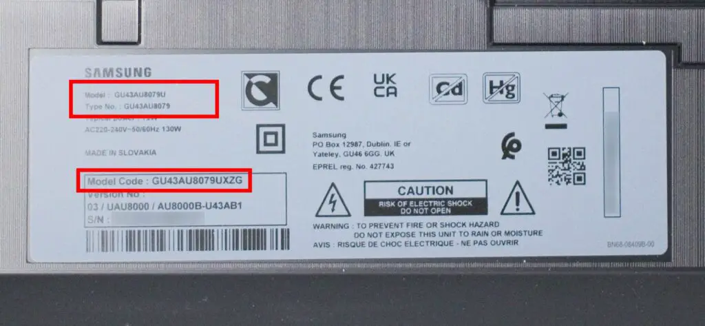 Samsung TV Modellbezeichnung Label des GU43AU8079 (Modelljahr 2021)