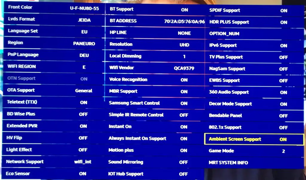Ambient Mode NU8009 1 Servicemenü