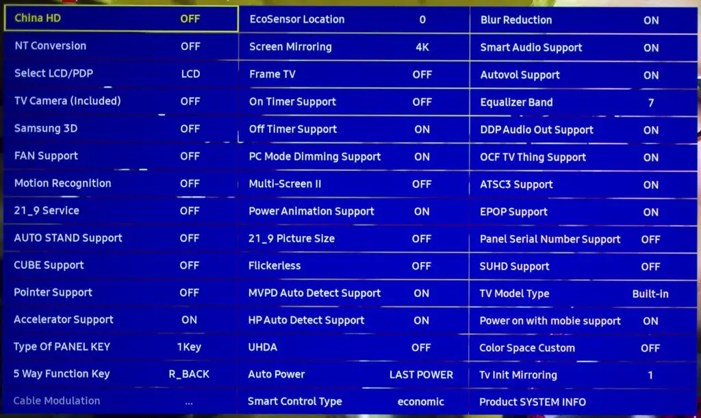 Samsung NU8009 Servicemenü Option Production Option