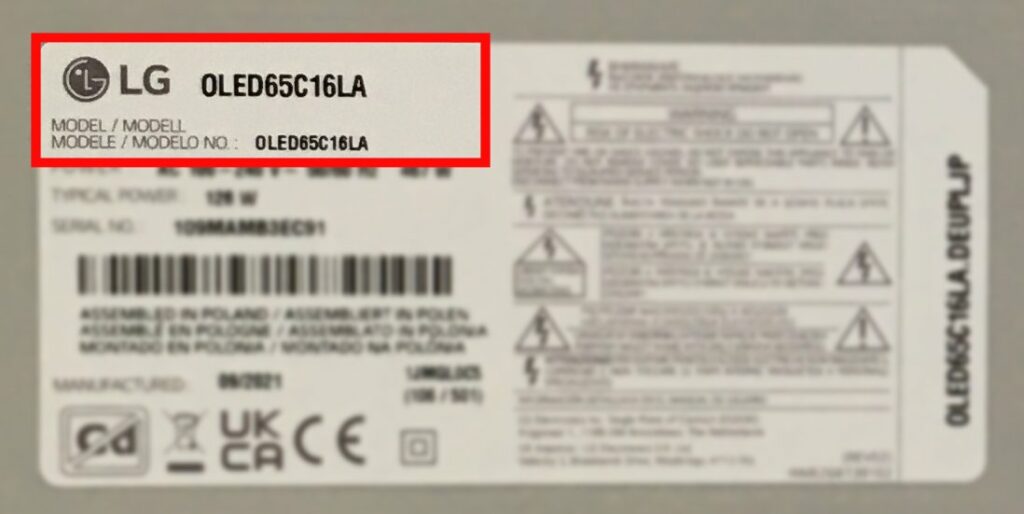 LG TV Label auf Rückseite mit Modellcode
