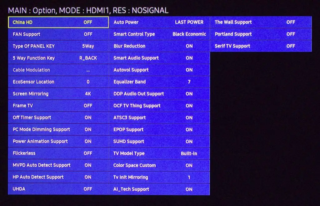 Samsung Q70R Servicemenü Option