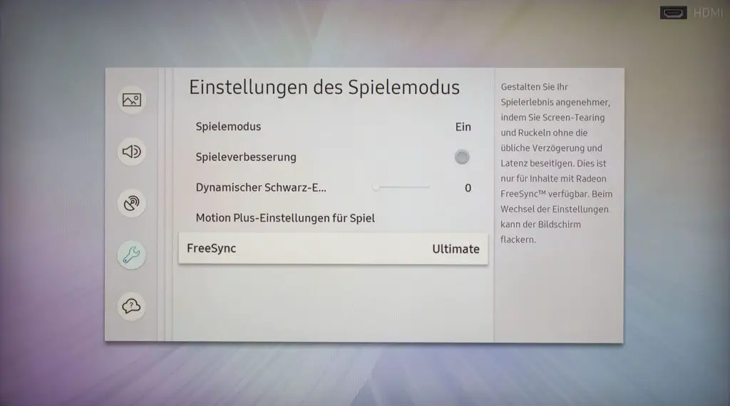 Samsung Q70R Spielemodus mit Freesync Einstellung