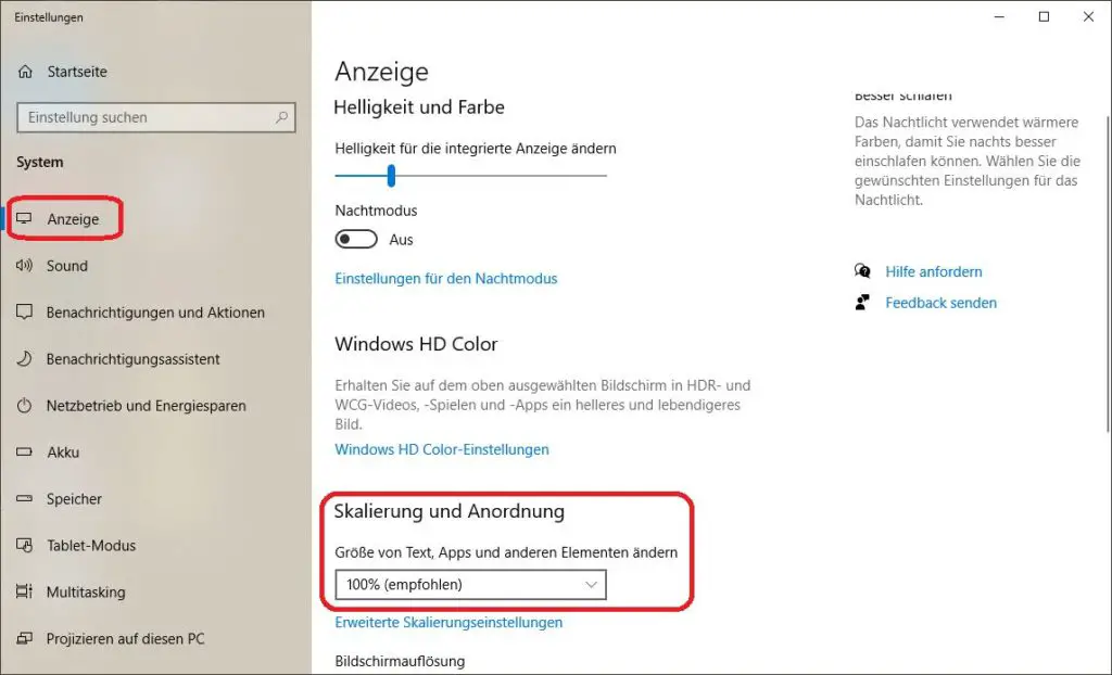 Windows 10 Anzeigeeinstellungen Skalierung