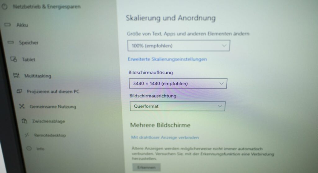 Auflösung 3440 x 1440 in Windows Anzeigeeinstellungen