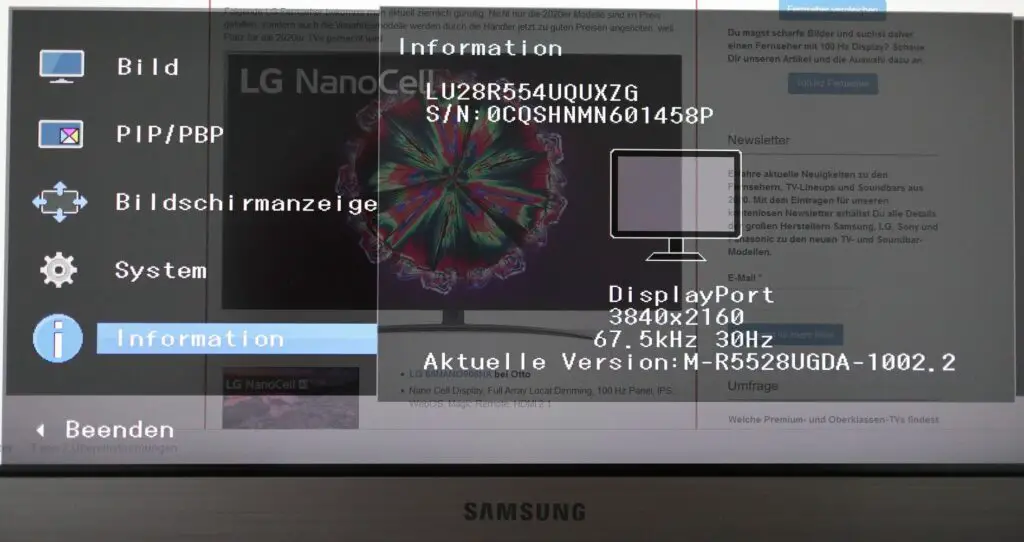 Samsung U28R554UQU OSD Information 4K mit 30 Hz Bildwiederholrate
