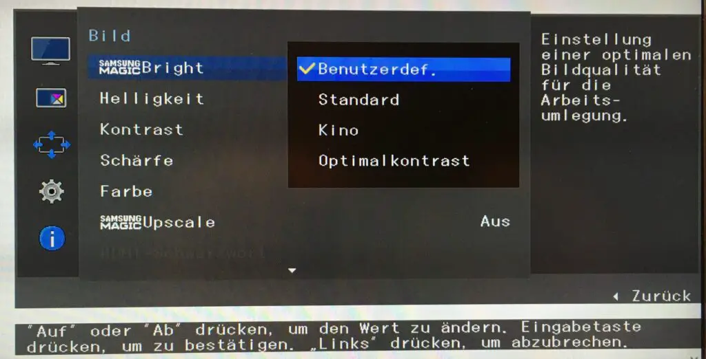 Samsung S34J550WQR Menü Bild Magic Bright Voreinstellungen