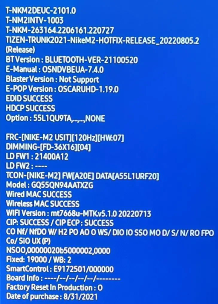 Samsung GQ55QN94AATXZG Servicemenü
