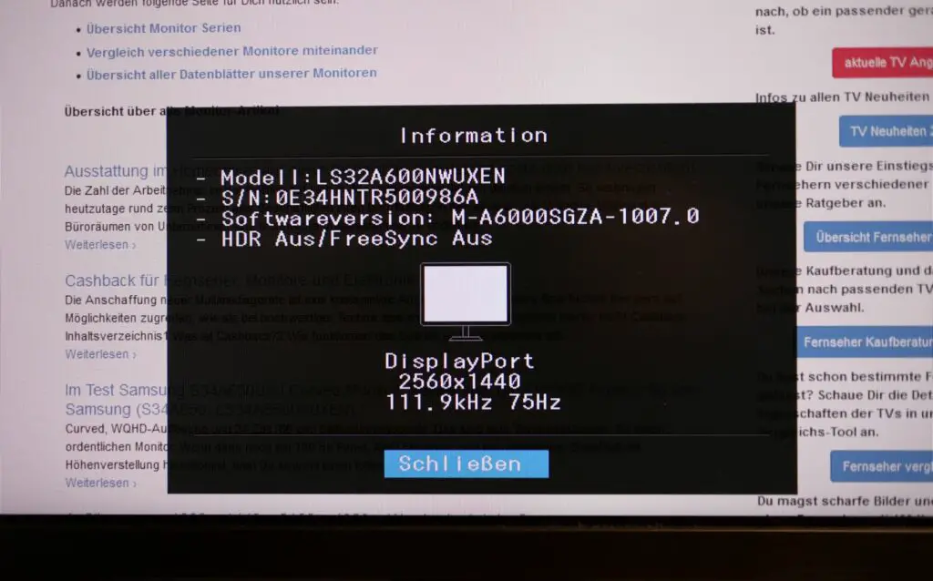 Samsung Monitor A600NWU OSD Information QHD 75 Hz