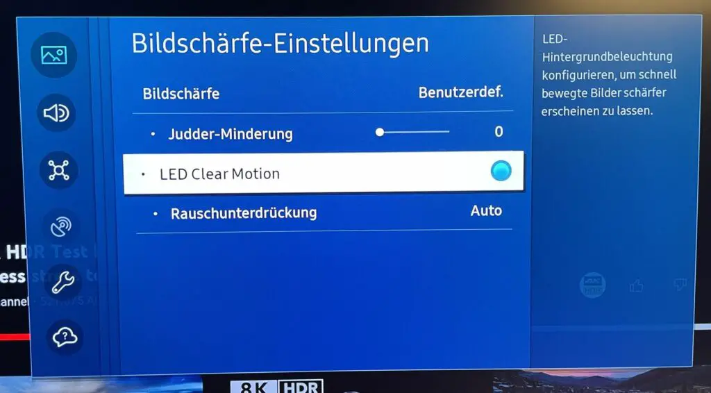Samsung The Frame Bildmenü Schärfe LED Clear Motion