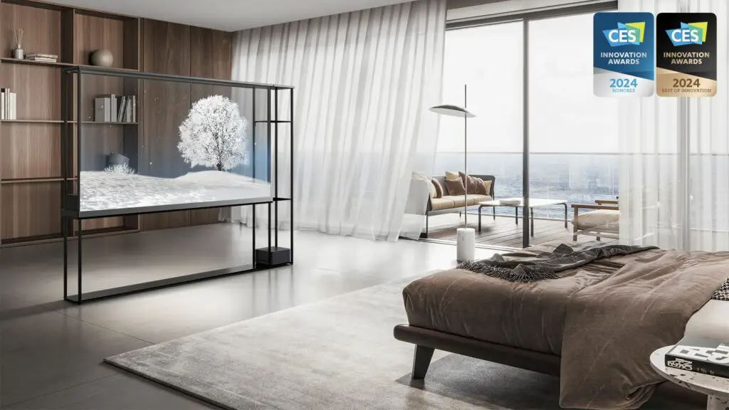 LG SIGNATURE OLED T 4K Fernseher: den transparenten TV kann man auch gut vor dem Bett platzieren (© LG)