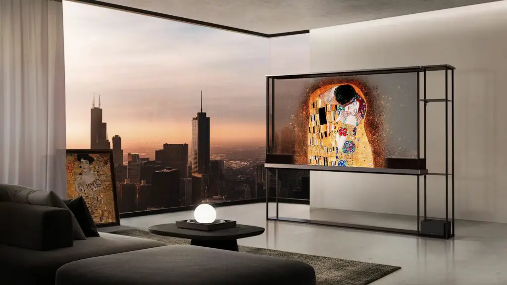 LG SIGNATURE OLED T 4K Fernseher: Blick über die Skyline aus dem schlicht gehaltenen Wohnzimmer. Das wird wohl die erste Käufergruppe für den OLED T sein (© LG)
