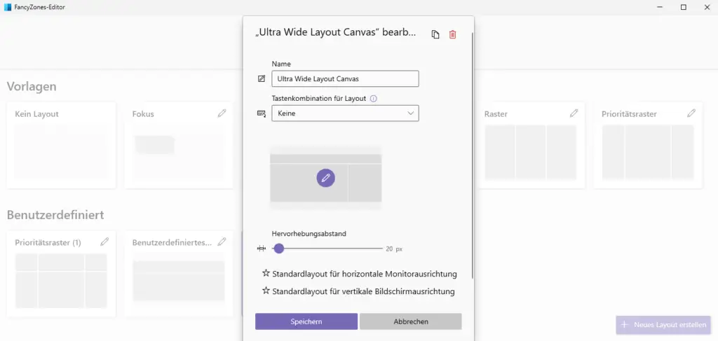 Fancy Zones Editor Benutzerdefiniertes Layout Ultra Wide Canvas