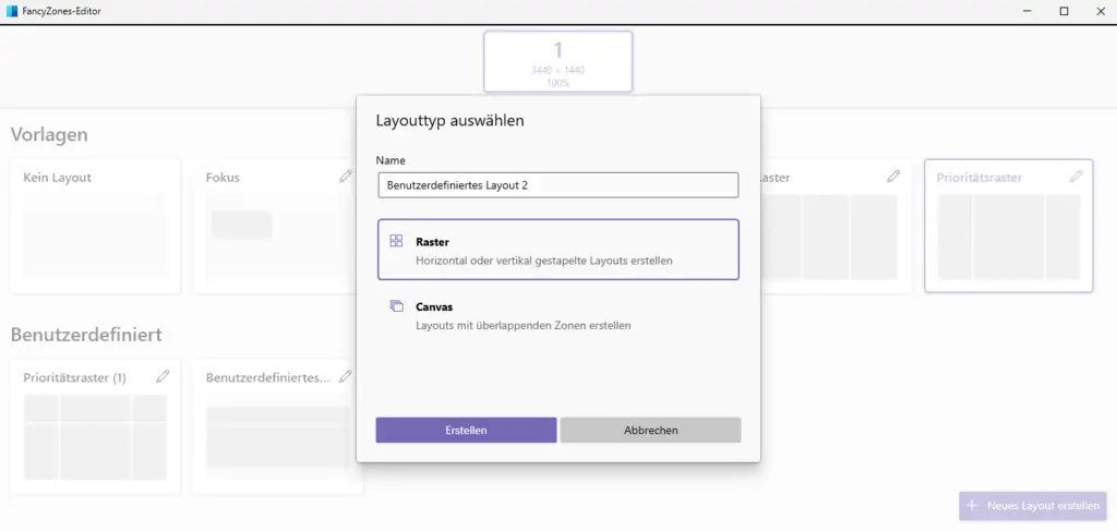 Fancy Zones Editor Layout Typen definieren