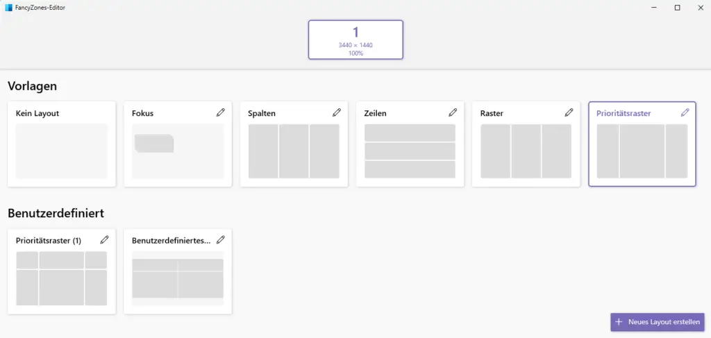 Fancy Zones Editor Standard Ansicht