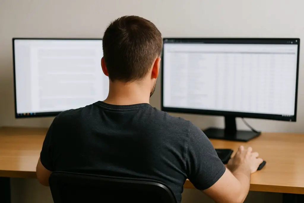 Mann am Computer mit zwei Monitoren Mann am Computer mit zwei Monitoren